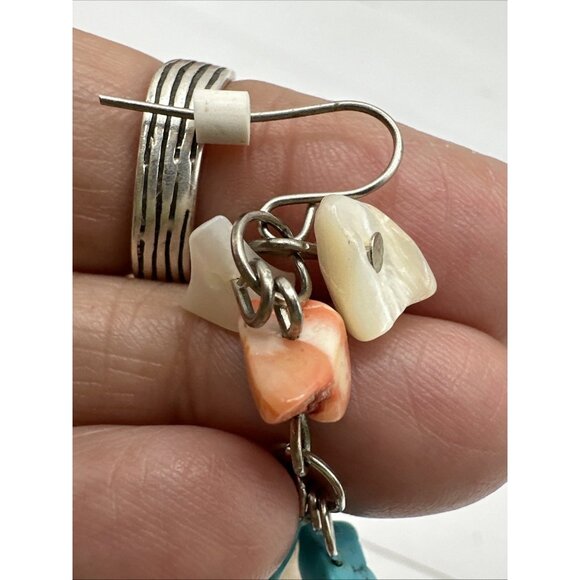 Silver Tone Natural Stone Shell Conch  Coral Dyed Howlite Dangle Earrings 2.5” - Picture 11 of 14